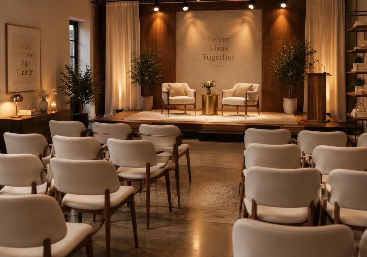 Studio A arranged for a workshop with rows of cream chairs facing a lit stage